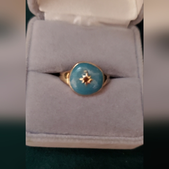 Vintage Gold Tone & Blue Emamel Turquoise Celstial Star Ring Size 7 Mid Mod - Picture 5 of 7